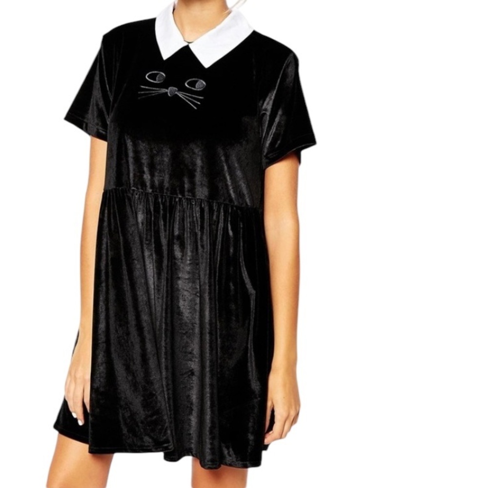 Lazy Oaf Cat Peter Pan Collar Dress - sz M/L - embroidery - loose fit - goth
